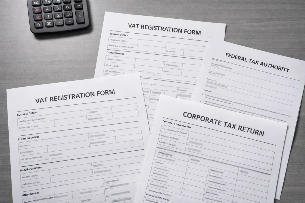 UAE tax compliance documents including VAT and corporate tax forms representing the financial regulatory framework