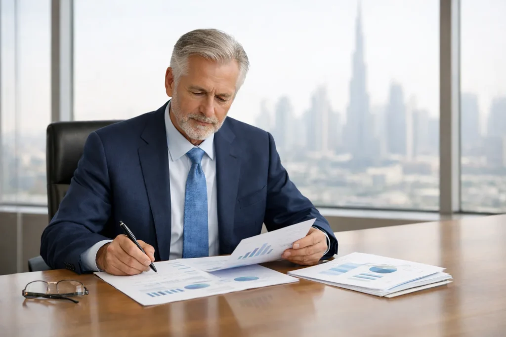 Senior investor reviewing capital reserve planning documents in a Dubai office