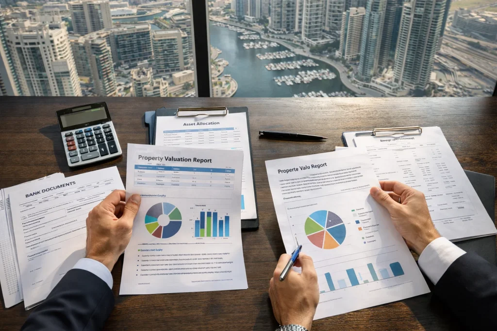 Financial documents and capital allocation analysis for Dubai real estate investment on professional advisor's desk