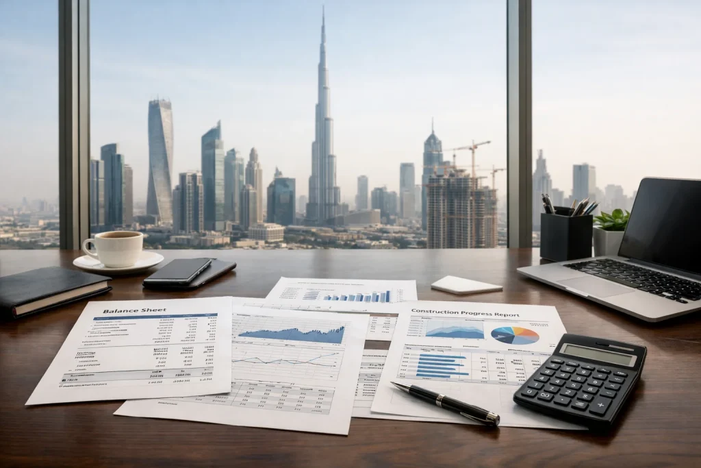 Professional financial analysis documents and reports for Dubai property developer assessment