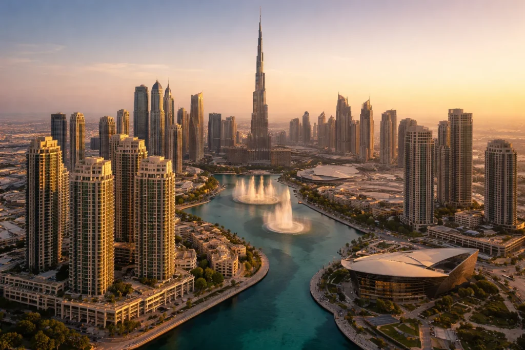 Downtown Dubai skyline featuring Burj Khalifa and luxury residential towers at sunset