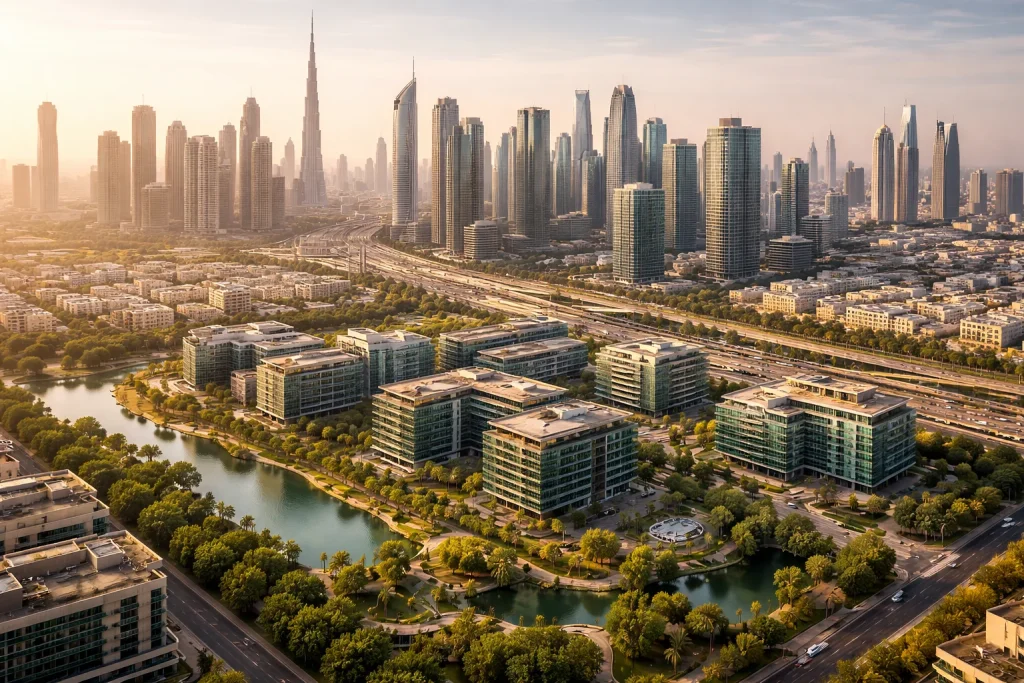 Aerial view of Dubai commercial district and free zone business park
