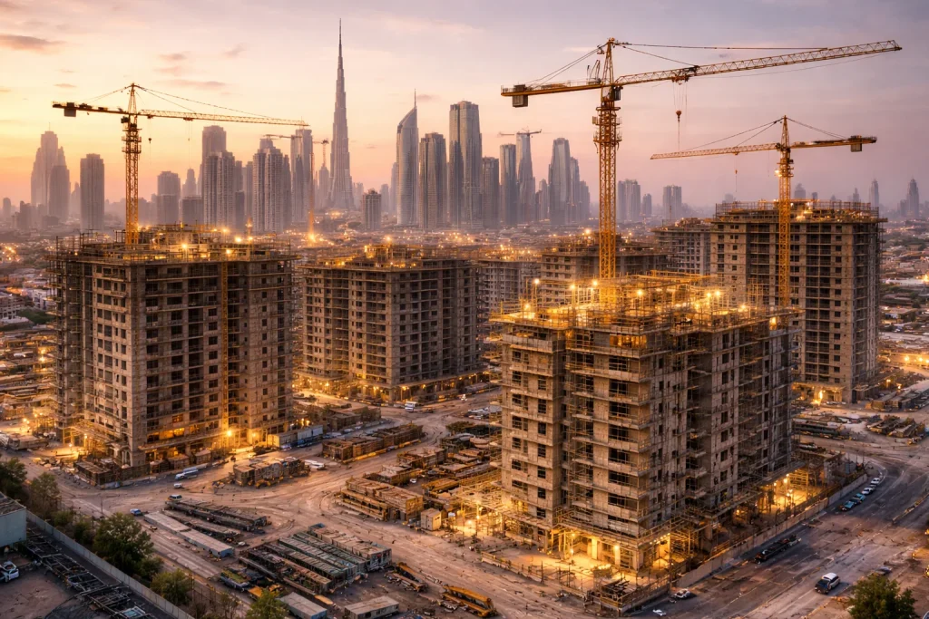 Residential construction site in Dubai during an active build phase