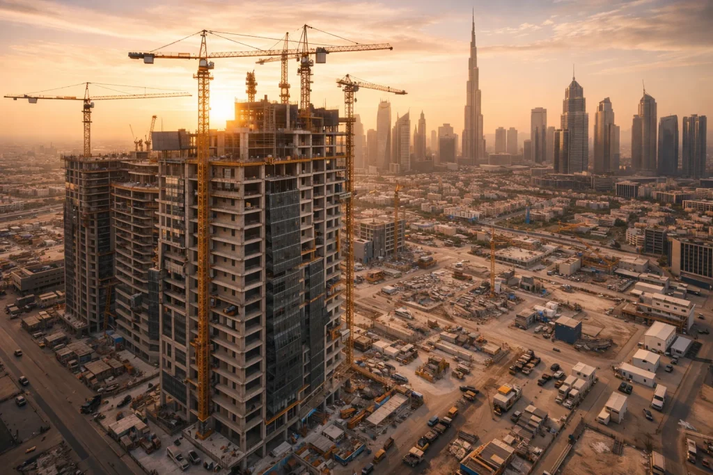 Premium Dubai property development construction site showing project progress and quality management