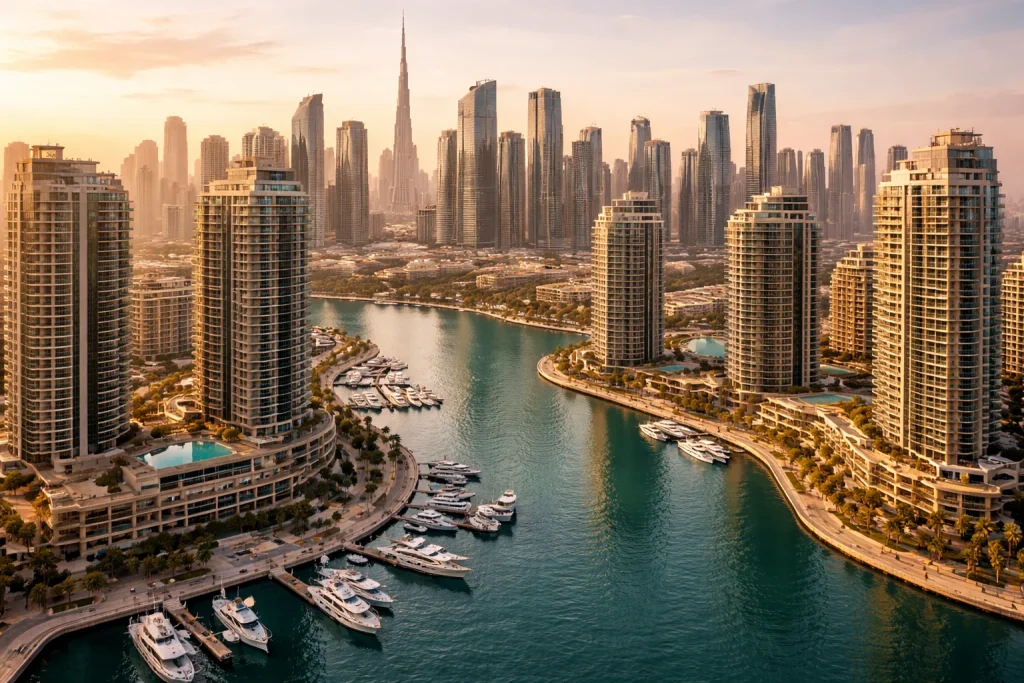 Aerial view of Dubai waterfront residential district at sunset