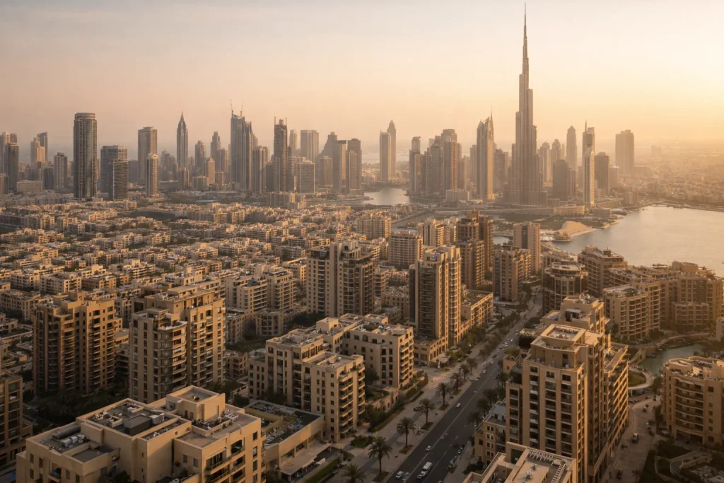 Aerial view of Dubai skyline illustrating the scale and diversity of the real estate investment landscape