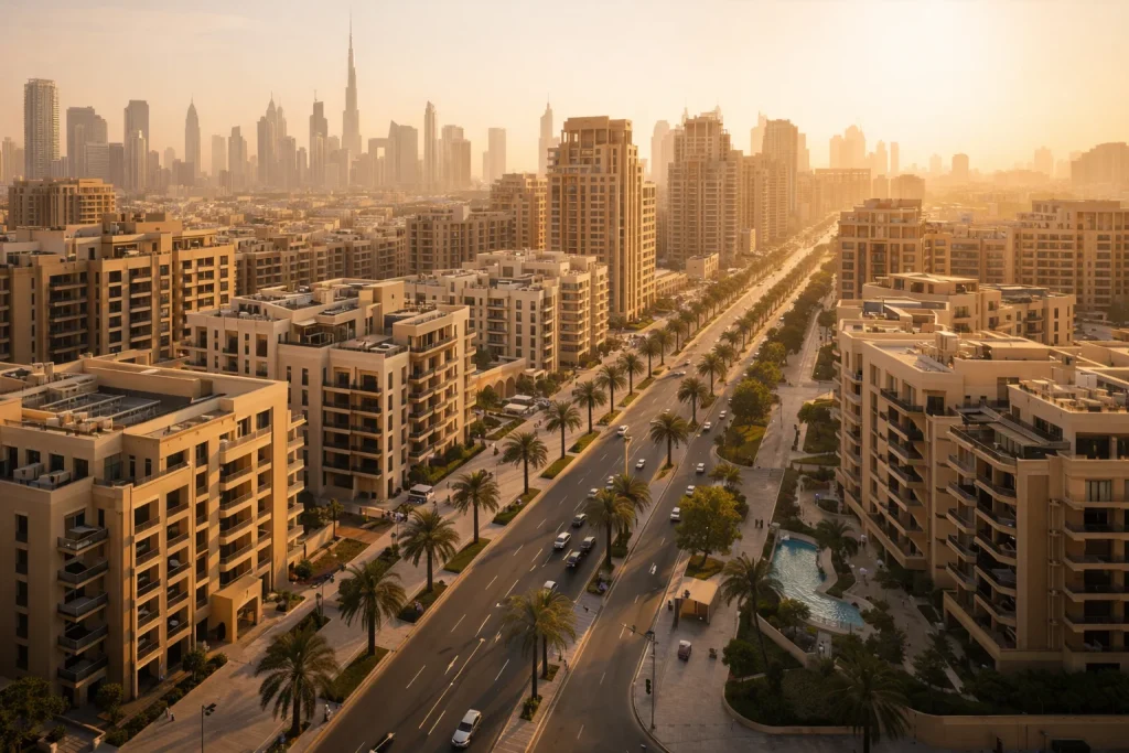 Aerial view of a modern Dubai residential district illustrating the scale and diversity of the real estate investment market