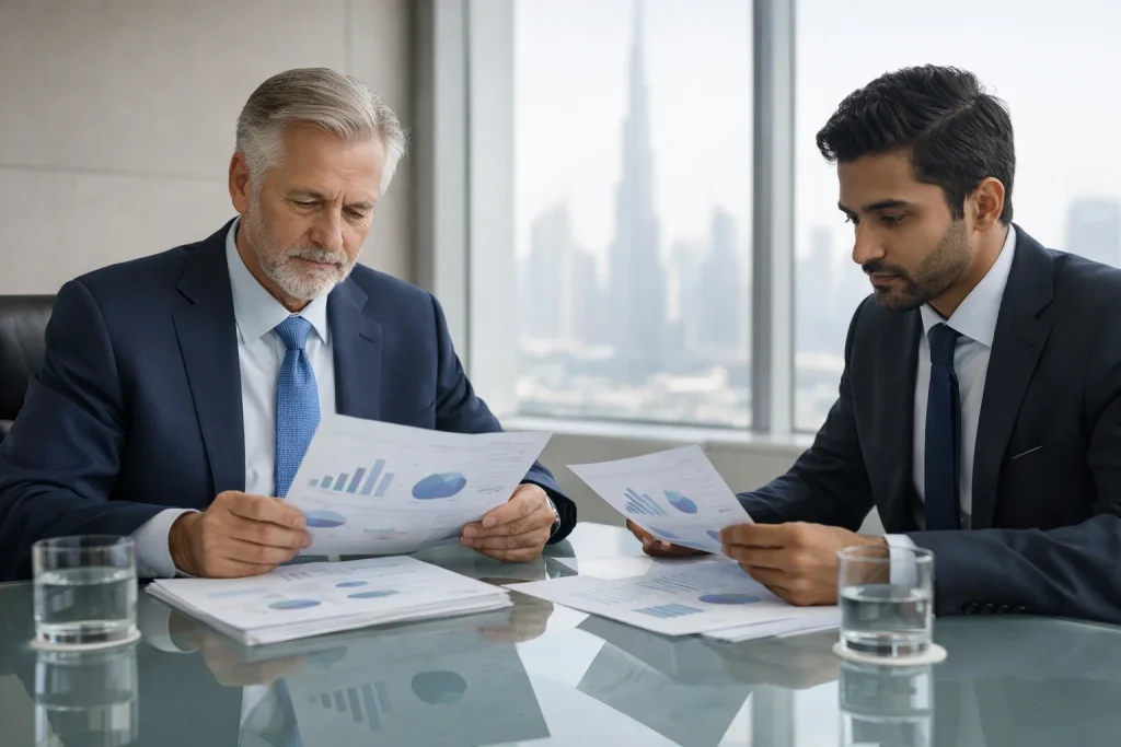 Financial advisors reviewing leverage and debt structuring documents in a Dubai meeting room