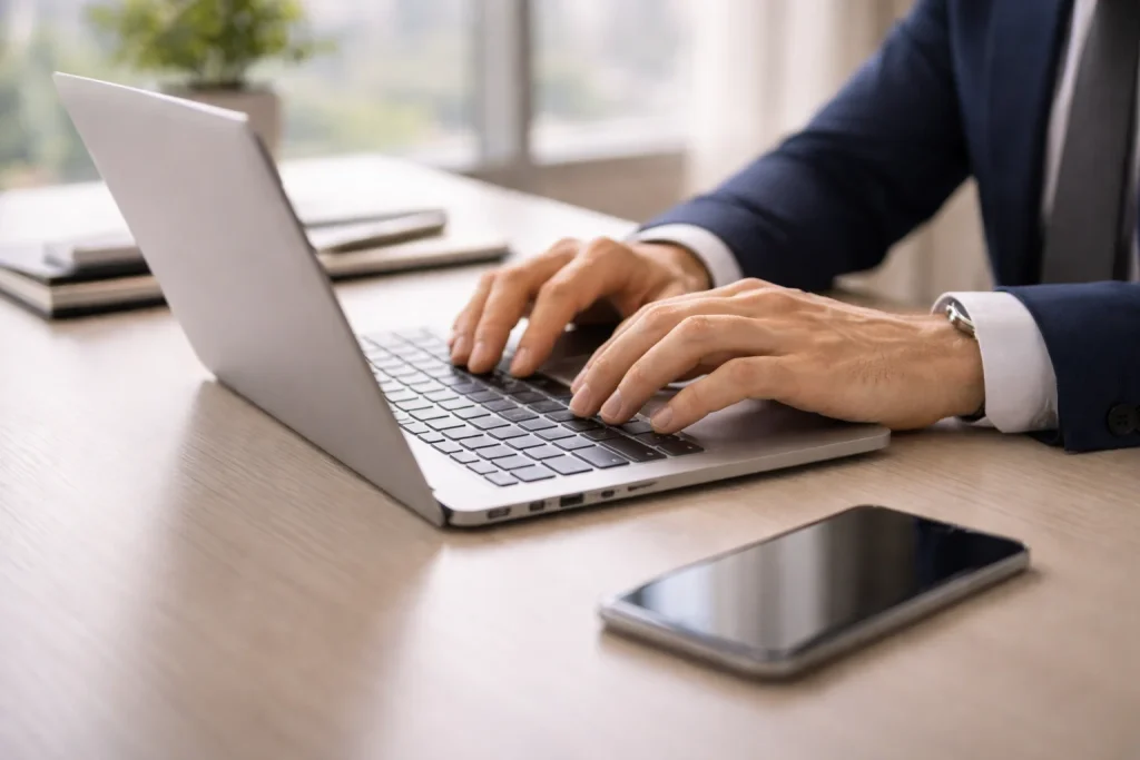  Investor managing international property payment from a laptop in a professional environment
