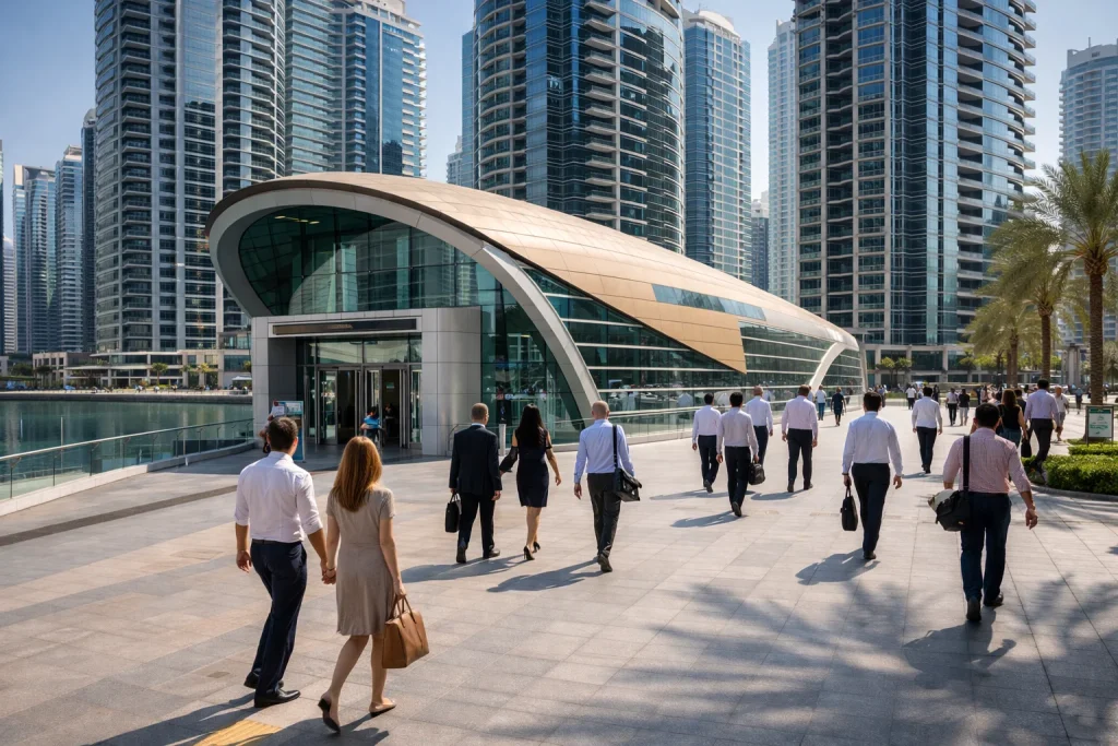 DMCC metro station in JLT with residential towers and professionals commuting
