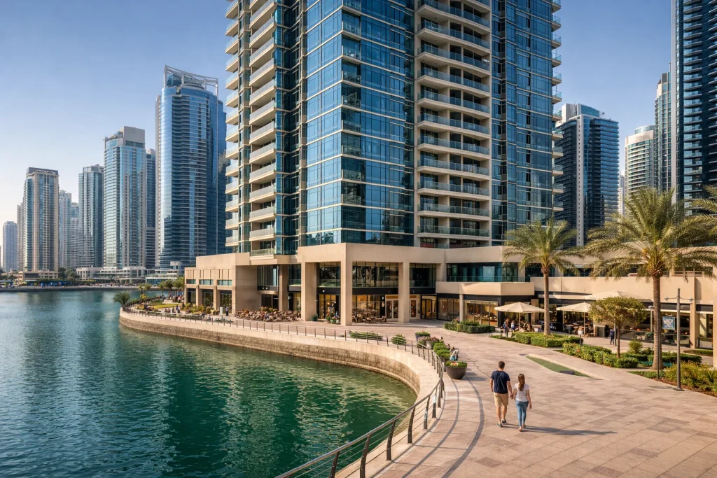 Modern JLT residential tower with retail podium and lake promenade in Dubai