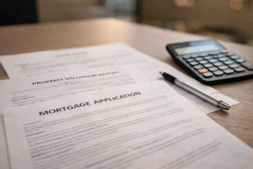 Mortgage application documents and property valuation paperwork for Dubai property purchase