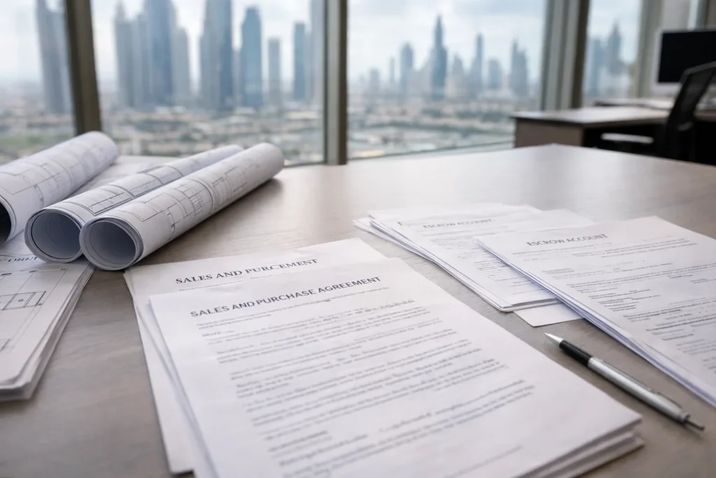 Off-plan property documentation including Sales and Purchase Agreement and escrow paperwork in Dubai