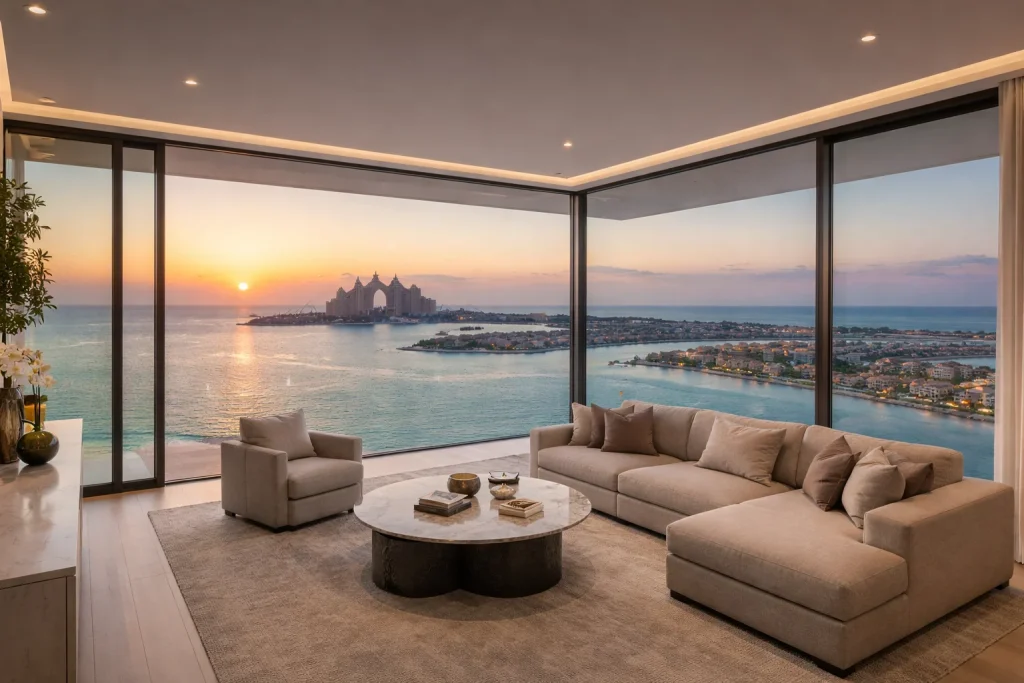 Panoramic sea view from Palm Jumeirah luxury apartment overlooking Arabian Gulf