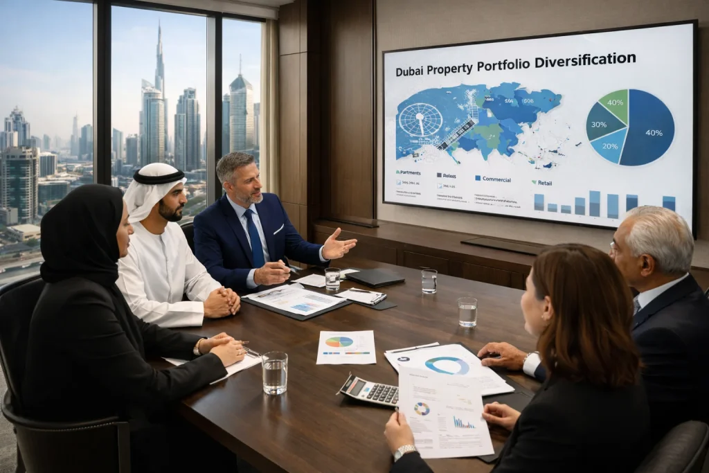 High-net-worth investors and advisors collaborating on Dubai real estate portfolio construction strategy in boardroom