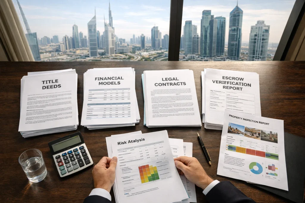 Comprehensive due diligence documentation for UAE property investment including legal, financial, and physical audit materials