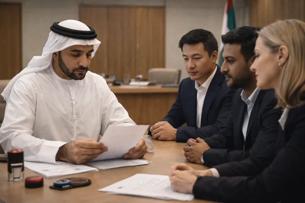 Notary Public conducting MOA notarization for UAE company formation