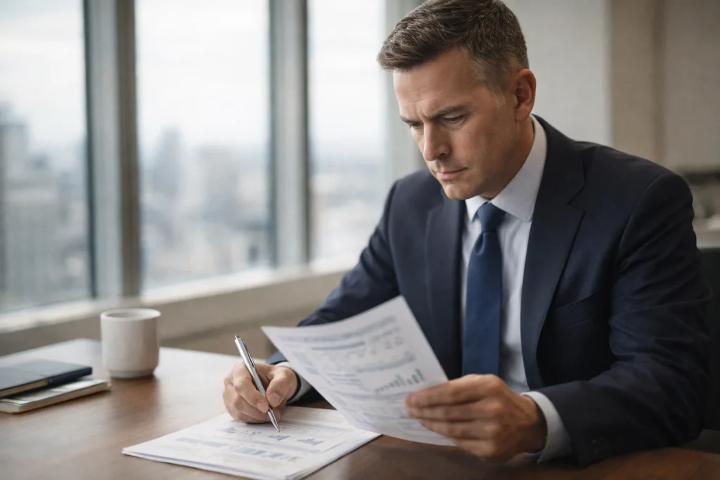 Property investor reviewing capital structure documents at a modern office desk