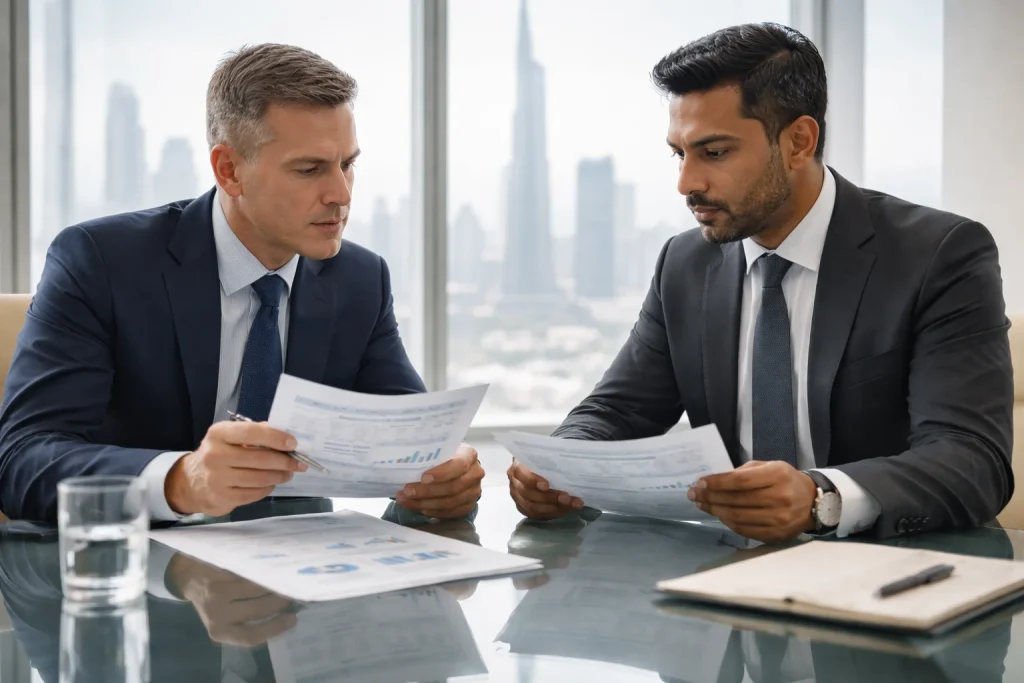  Financial advisors reviewing leverage risk documentation in a professional meeting setting