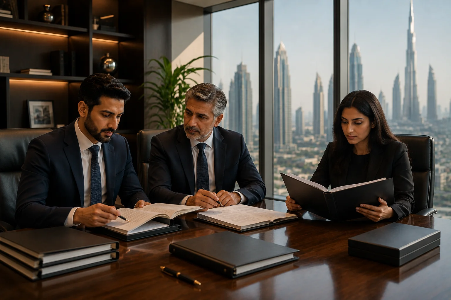 Professionals reviewing corporate registers and UBO records in a Dubai boardroom