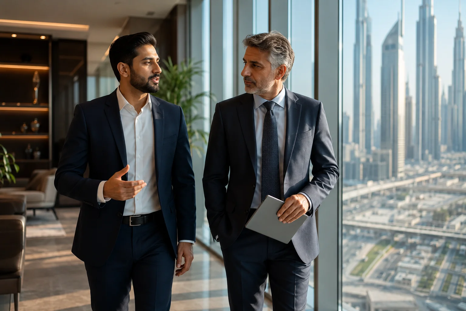 Business owner and advisor reviewing operations in a modern Dubai office overlooking the skyline