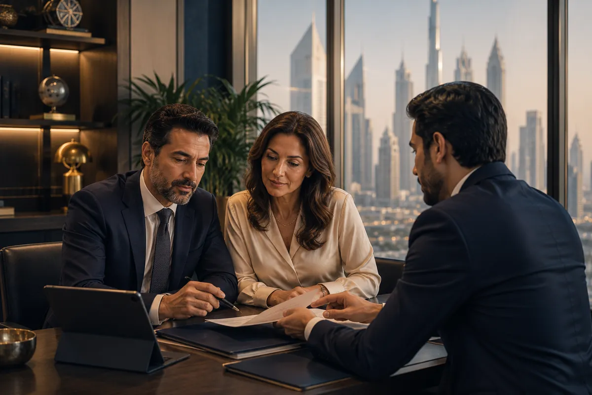 A couple reviewing estate and succession documents with an adviser in a Dubai office overlooking the skyline