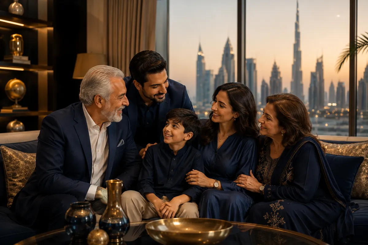 A multi-generational family together in a luxurious Dubai home with the skyline behind, representing succession and legacy planning
