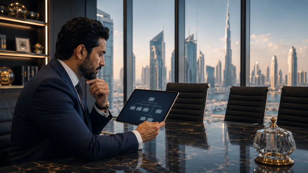 A businessman reviewing a corporate group-structure chart on a tablet in a Dubai boardroom overlooking the Burj Khalifa