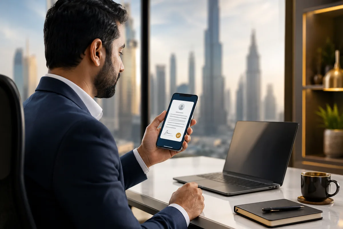 Worker checking a UAE labour contract and work permit through MOHRE enquiry services online