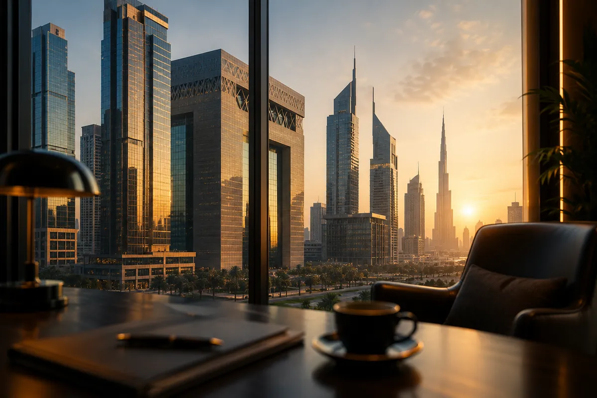DIFC financial district representing a UAE securities and investment brokerage license (SCA, DFSA, FSRA)