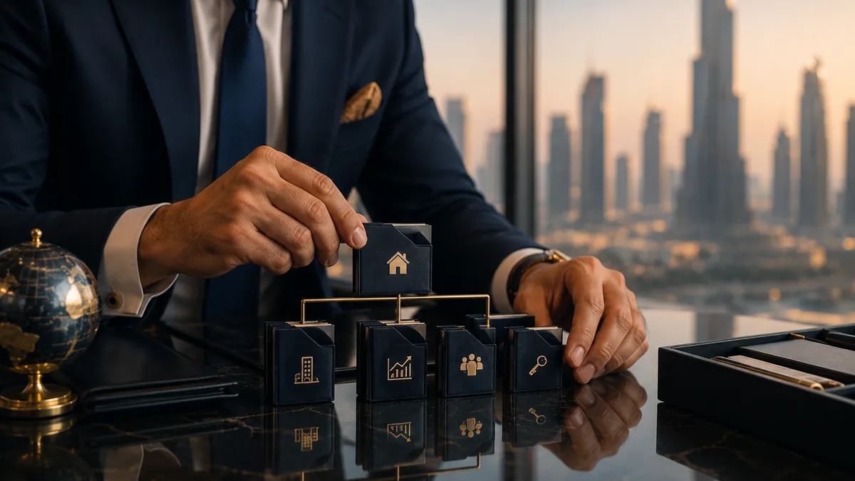 A businessman arranging labelled asset-holding structure blocks on a desk with the Dubai skyline behind