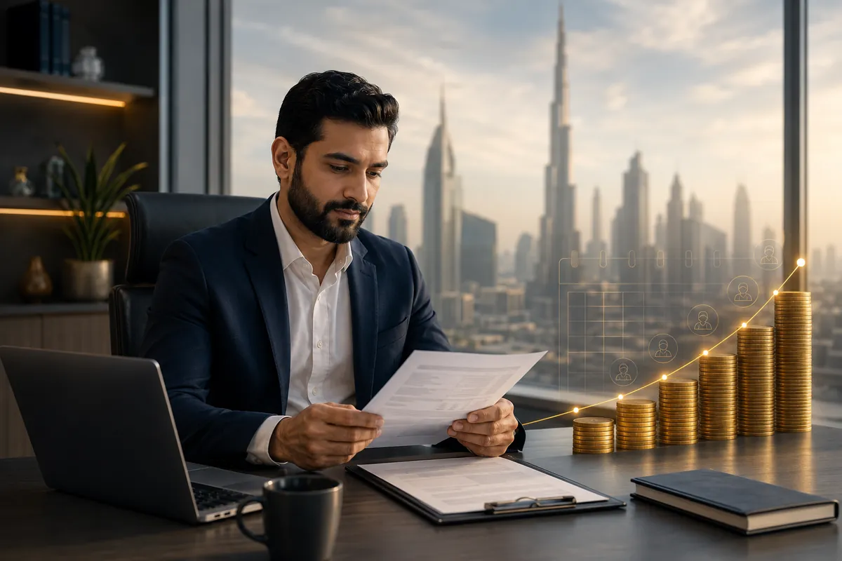 UAE end-of-service gratuity calculator — a professional reviewing a final settlement in a Dubai office, with gold coins rising over years of service