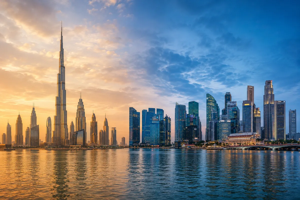 The Dubai skyline with Burj Khalifa blending into Singapore's Marina Bay skyline across one harbour