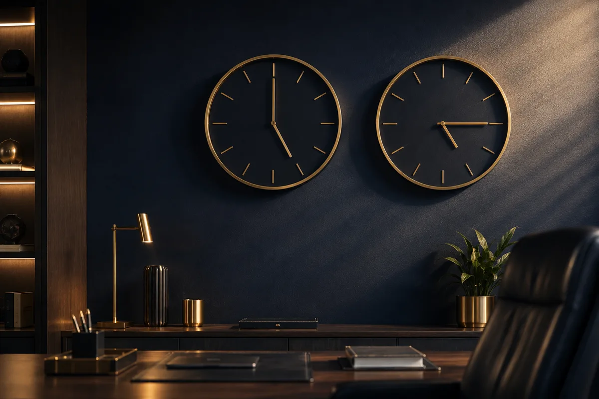 Two brass clocks showing different time zones on a navy office wall, representing running companies in the UAE and Singapore